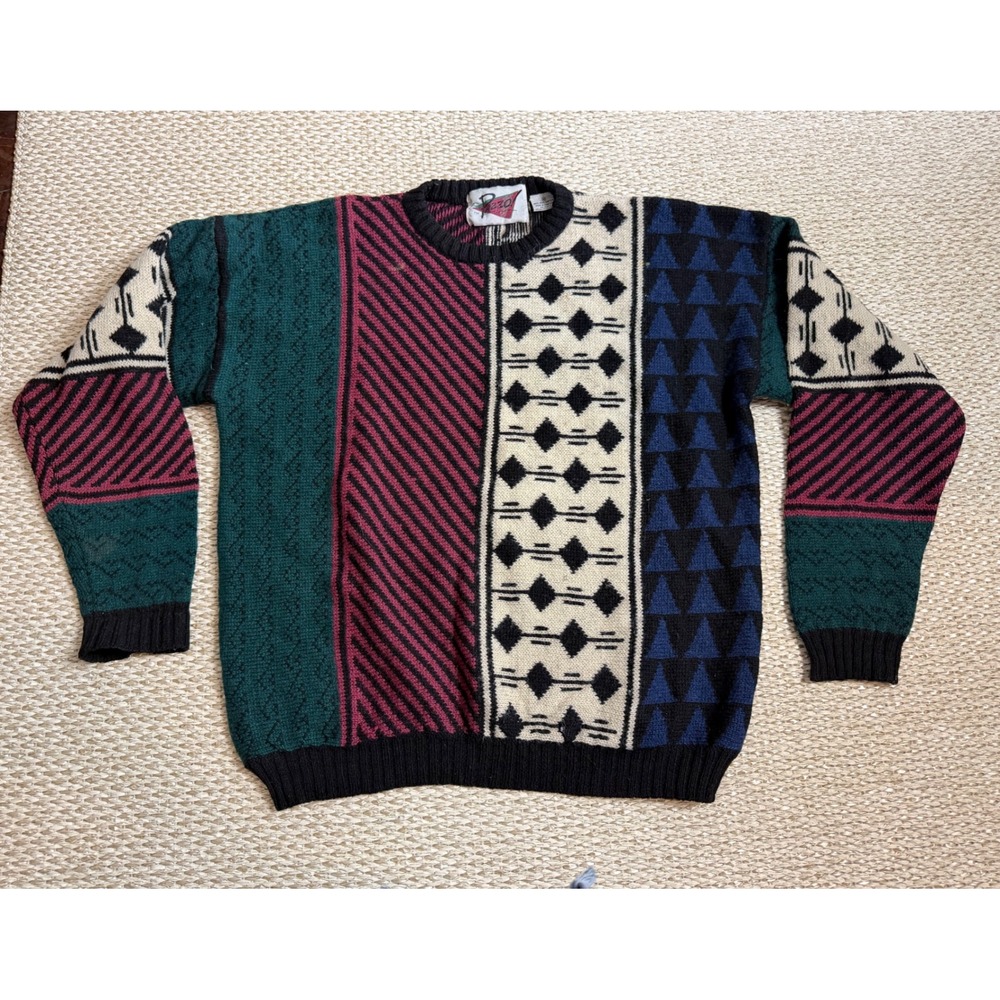 Vintage Pazzo! Mens Shetland Wool Sweater Geometric Multi Pattern Crewneck 90's